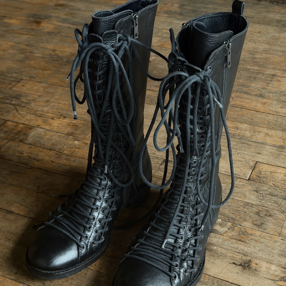 Ann Demeulemeester Triple Lace Black Leather Boots